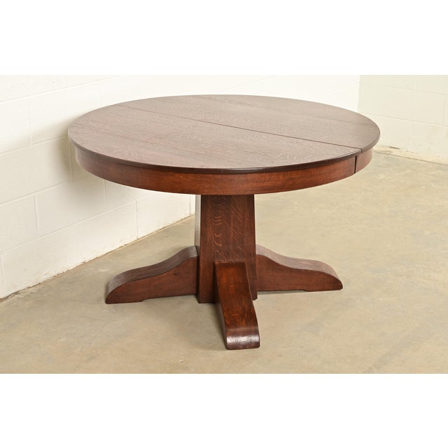 Mission Gustav Stickley Style Antique Mission Oak Arts & Crafts Split Pedestal Extension Dining Table, Circa 1910 For Sale - Image 3 of 10