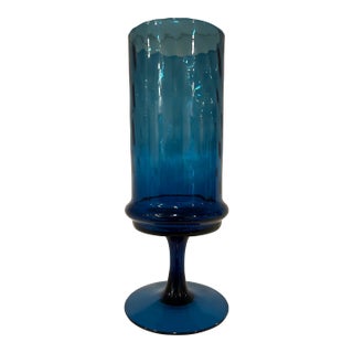 1960s Mid Century Modern Empoli Deep Teal Blue Optic Art Glass Vase With Pedestal - Italian Mouth Blown Empoli For Sale