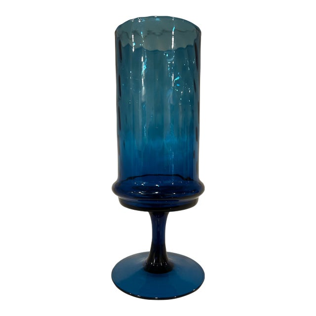 1960s Mid Century Modern Empoli Deep Teal Blue Optic Art Glass Vase With Pedestal - Italian Mouth Blown Empoli For Sale