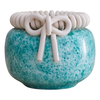 French Turquoise Ceramic Vase with Bow Motif by Gustave Asch, 1940s For Sale
