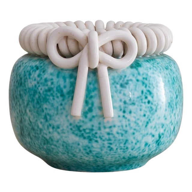 French Turquoise Ceramic Vase with Bow Motif by Gustave Asch, 1940s For Sale