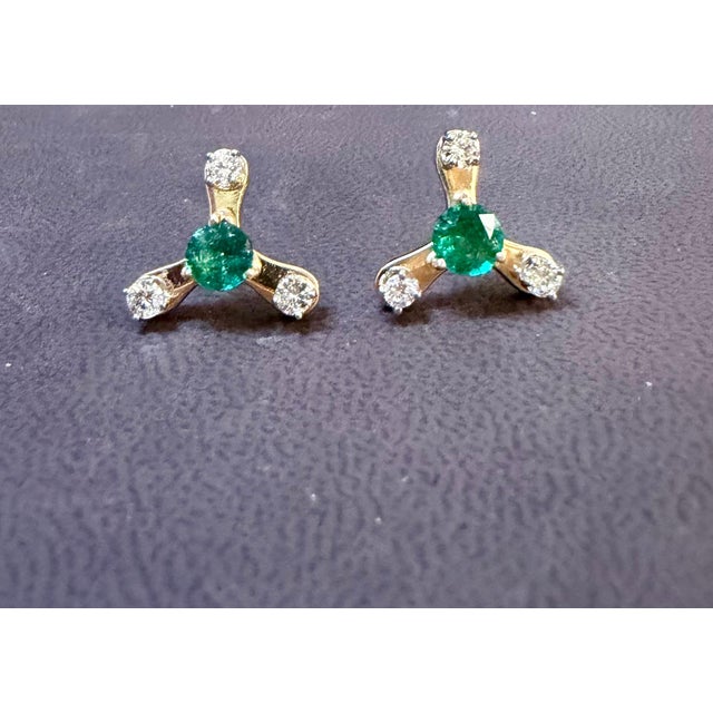 Approximately 2.0 Carat Round Natural Emerald and Natural Diamond Stud Post Earrings 14 Karat Yellow Gold Two Emeralds...