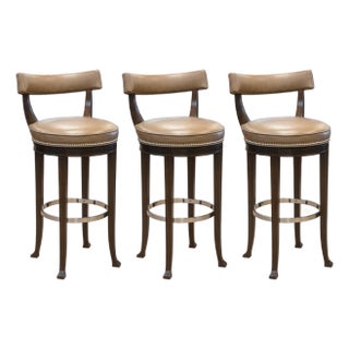 Set of 3 Custom Made Richard Ross Designs Brown Leather and Wood Barstools For Sale