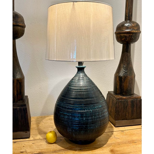 Blue Massive 1960s Glazed Ceramic Blue Lamp For Sale - Image 8 of 8