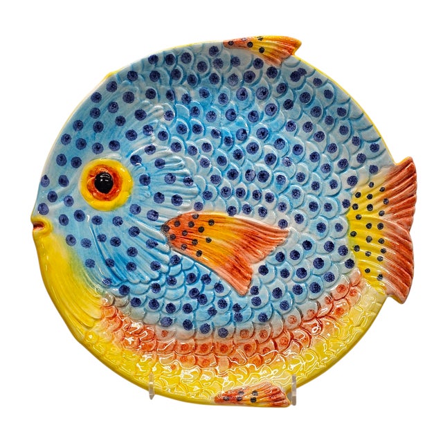 Hand Painted Majolica Zanolli Italian Fish Plates & Platter Set of 6 For Sale - Image 13 of 16