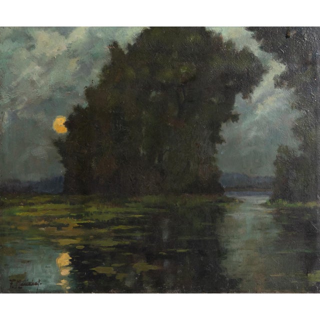 VINTAGE ORIGINAL OIL ON CANVAS PAINTING Depicting a rural landscape at night with the full moon reflecting in a river...