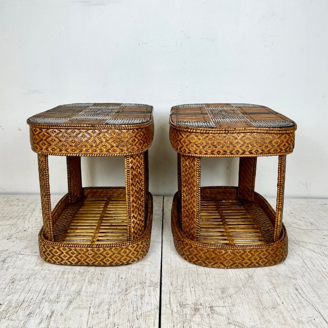 Vintage Woven Pencil Reed Rattan Side Tables- a Pair | Chairish