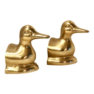 Duck Book Ends Solid Brass Vintage Mid Century Modern Nautical Paperweights Pair For Sale