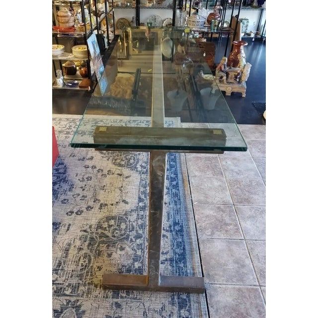 Metal Contemporary Modern Style Brushed Steel Truss Base Glass Top Elongated Raised Rectangular Table (20th./21st Century) For Sale - Image 7 of 11
