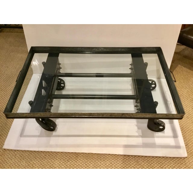 2010s Industrial Modern Cocktail Table on Wheels For Sale - Image 5 of 7