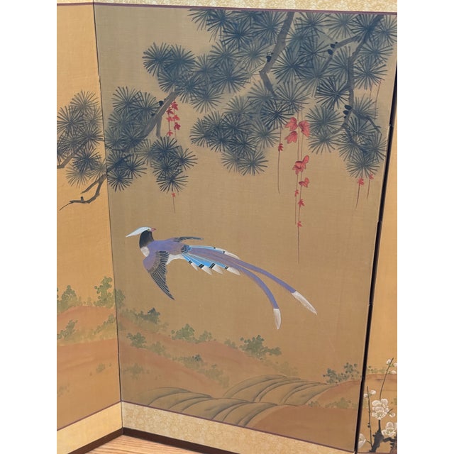 Asian Vintage Hand-Painted 4-Panel Asian Folding Screen / Wall Art (1974) – Excellent Condition For Sale - Image 3 of 9