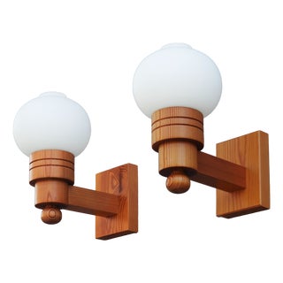Swedish Modern Pine and Opaline Glass Wall Sconces from Aneta, 1970s, Set of 2 For Sale