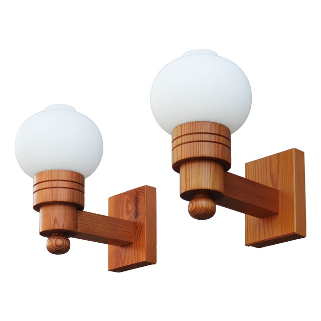 Swedish Modern Pine and Opaline Glass Wall Sconces from Aneta, 1970s, Set of 2 For Sale