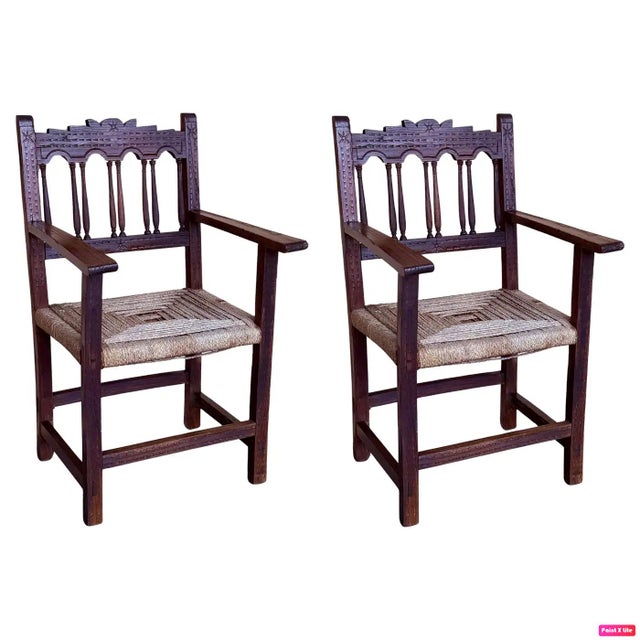 Set of Antique Catalan Throne Armchairs in Walnut and Caned Seats, 1890 For Sale - Image 13 of 13