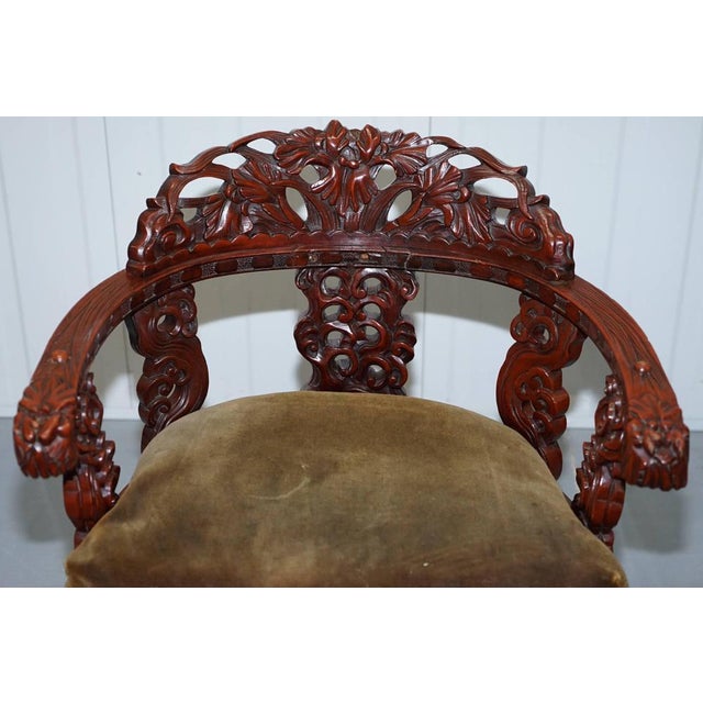 Vintage Chinese Red Lacquered Carved Elm Armchair with Heavy Foliage Detailing For Sale - Image 6 of 18