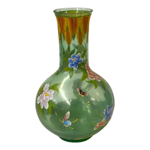 Chinese Light Green Color Flower Birds Graphic Peking Glass Vase