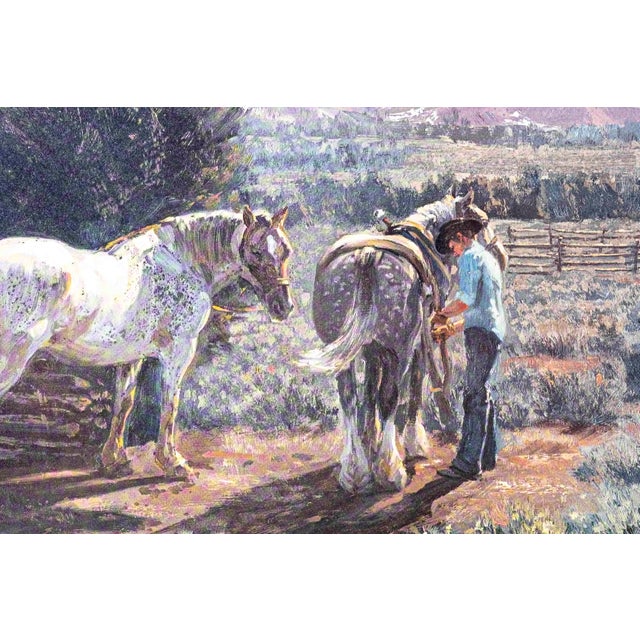 Vintage Valoy Eaton Western Ranch Landscape With Cowboys & Horses, Signed & Framed For Sale - Image 4 of 8