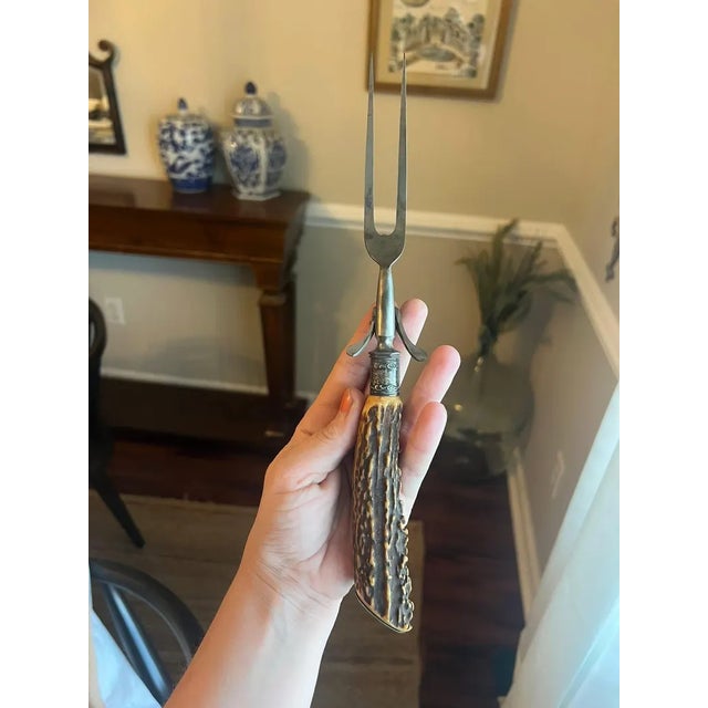 Late 19th Century Antique Sterling Silver Mounted Stag Horn Carving Set, Meat Fork and Sharpening Steel For Sale - Image 5 of 15