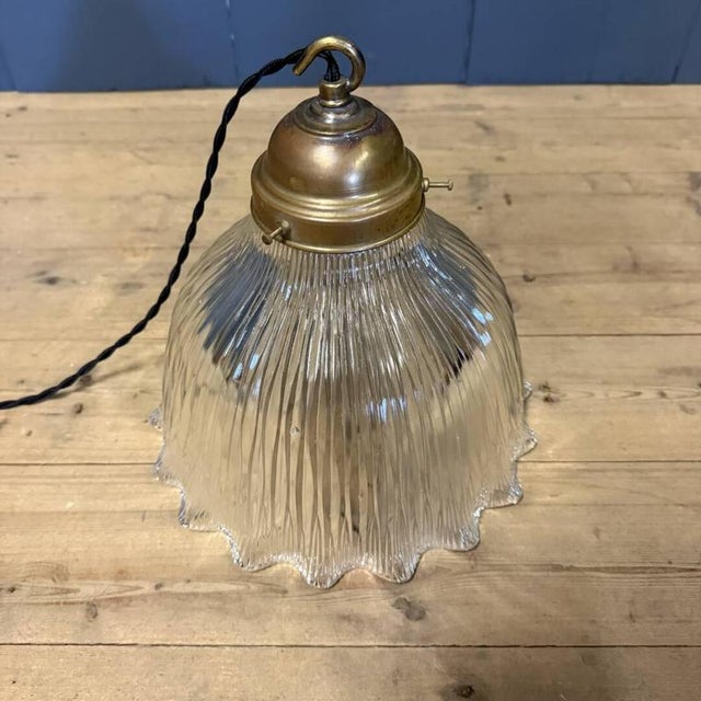 Asteroid Pressed Glass Holophane Pendant Lamp with Brass Fixture, 1920s For Sale - Image 16 of 18
