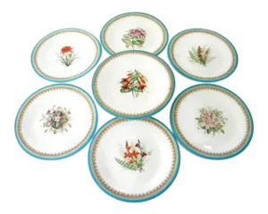 Antique Royal Worcester Victorian Floral Turquoise Dessert Plates and Compote - Set of 7