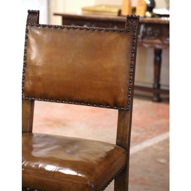 19th Century English Jacobean Oak Dining Chairs With Leather, Set of 8 For Sale - Image 10 of 12