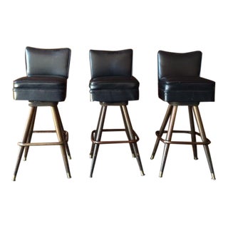 Mid Century Black Vinyl Swivel Barstools - Set of 3 For Sale