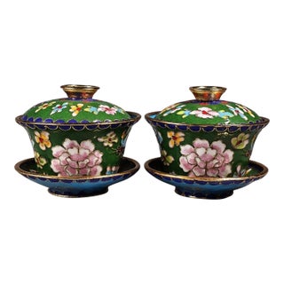 Vintage Cloisonne Enamel Lidded Tea Bowls Gaiwan Sets - Pair For Sale