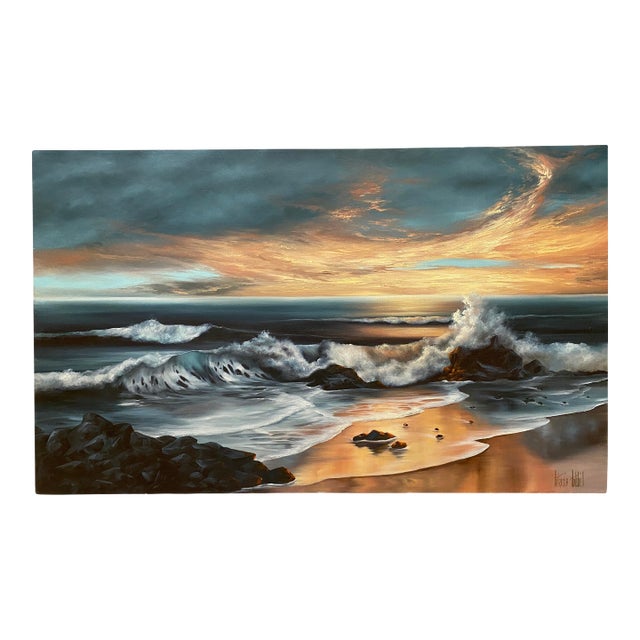 Late 20th Century Seascape Oil Painting Large 40" by Patricia Hubbell Ocean Sunset Coastal Nautical For Sale