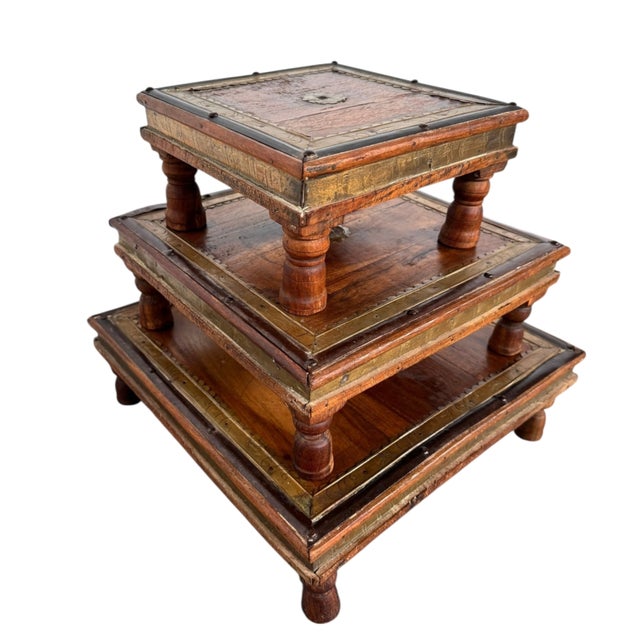 English Mid-Century Anglo-Indian Teak & Repoussé Brass Nesting Table Set For Sale - Image 3 of 18