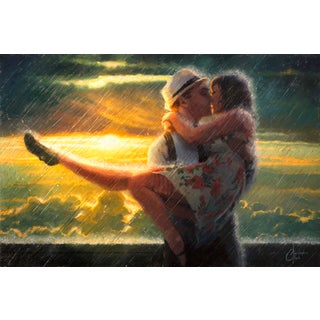 Romance in the Rain by Christopher Clark | Oil on panel of a couple kissing in the rain at sunset For Sale