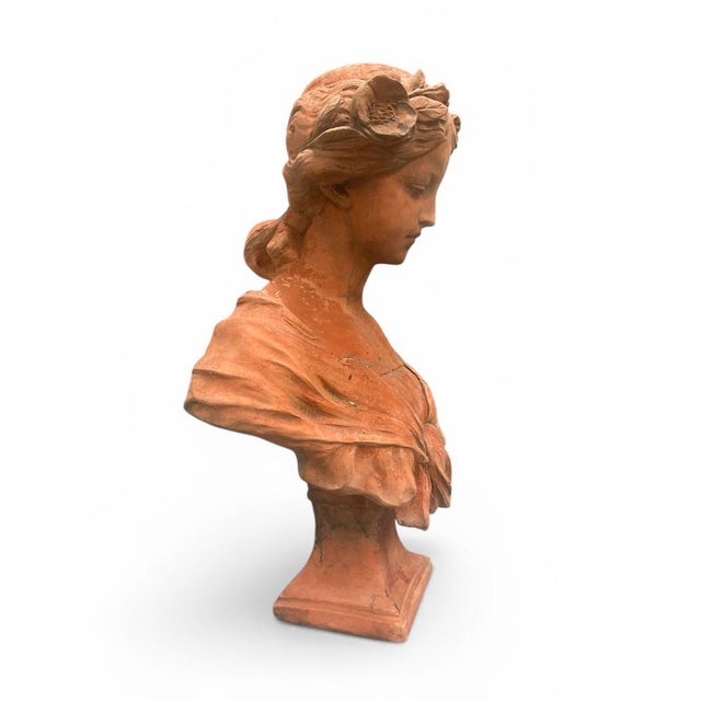 2000 - 2009 Vintage Terracotta Bust of a Young Woman With Floral Headdress For Sale - Image 5 of 9