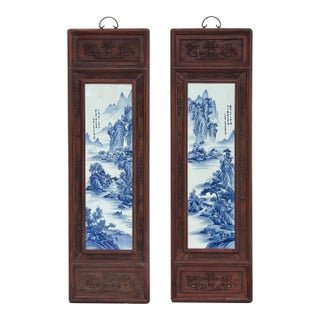 Pair Chinese Blue White Landscape Porcelain Painting Wall Panels For Sale