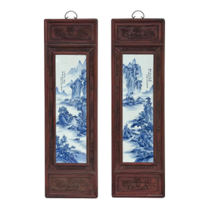 Pair Chinese Blue White Landscape Porcelain Painting Wall Panels