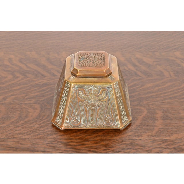 A gorgeous Arts & Crafts period "Chinese" pattern gilt bronze inkwell By Tiffany Studios (signed to the underside) New...