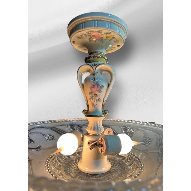 Cream 1930s Art Nouvau Glass and Porcelain Chandelier For Sale - Image 8 of 12