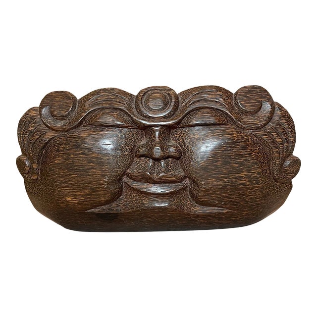 Share Large Antique Heavy Black Palm Asian Wooden Figural Sculpture Centerpiece Stand For Sale