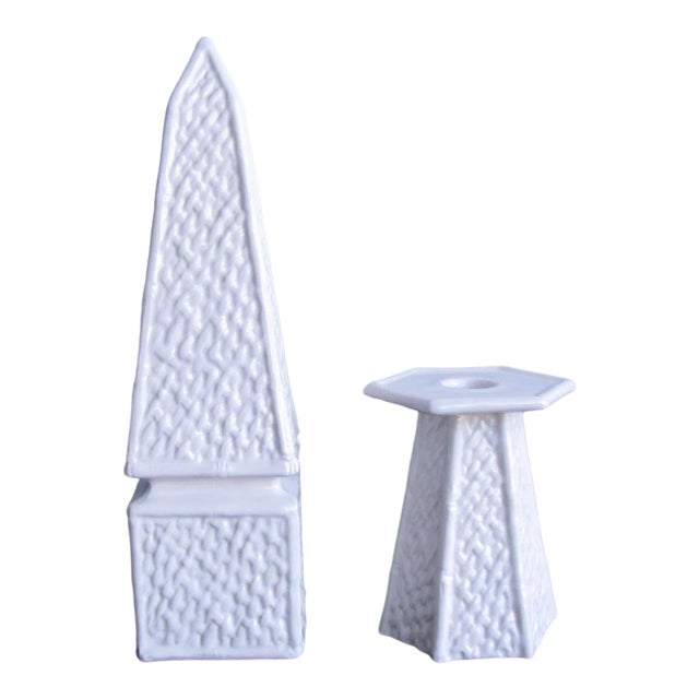 Vintage White Ceramic Obelisk and Candleholder by Mancer for Raymor-a Pair For Sale