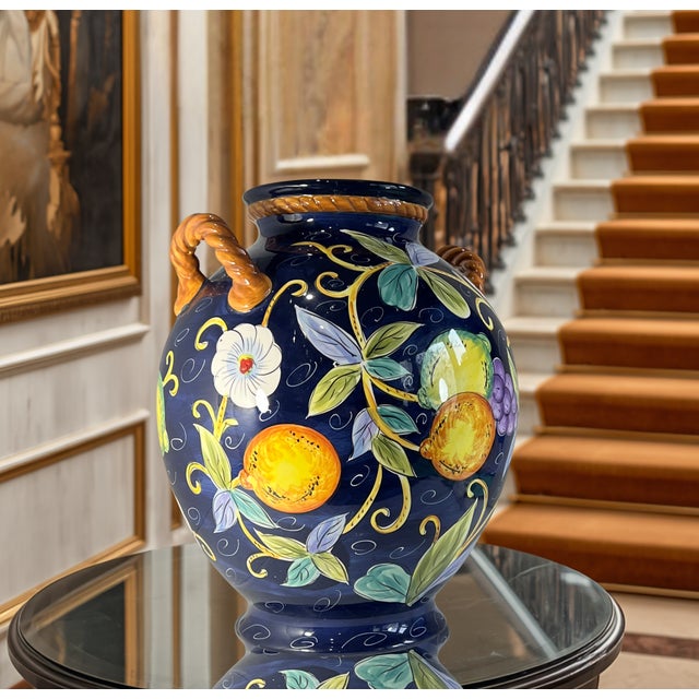 Large 16+ In. Villa Bellagio Majolica Orcio Cobalt Blue Fruit Double-Handled Jug Urn Vase For Sale - Image 9 of 18