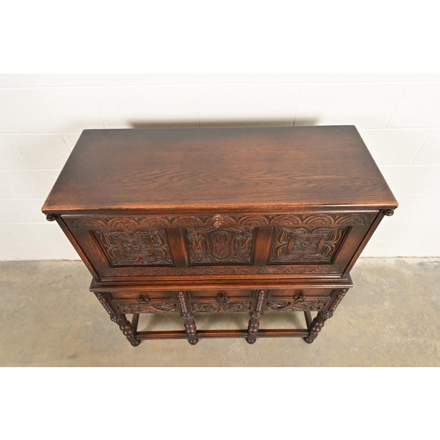 Lifetime Furniture Antique English Jacobean Carved Oak Drop Front Secretary Desk, Circa 1920s For Sale - Image 12 of 16