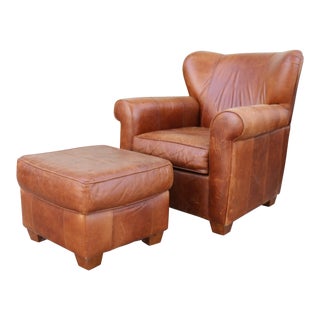 1980s Vintage Leather Chair and Ottoman For Sale