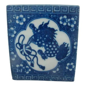 Chinese Blue Porcelain Lion Foo Guardian Dog Yarn Ball Opium Pillow Vase