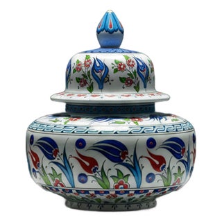 Handmade Ceramic Classic Iznik Jar with Lid Red Tulip and Meander Border For Sale