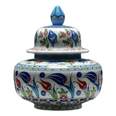 Handmade Ceramic Classic Iznik Jar with Lid Red Tulip and Meander Border For Sale