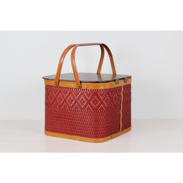 Mid-Century Red Woven Picnic Basket With Lid and Handles For Sale - Image 11 of 17