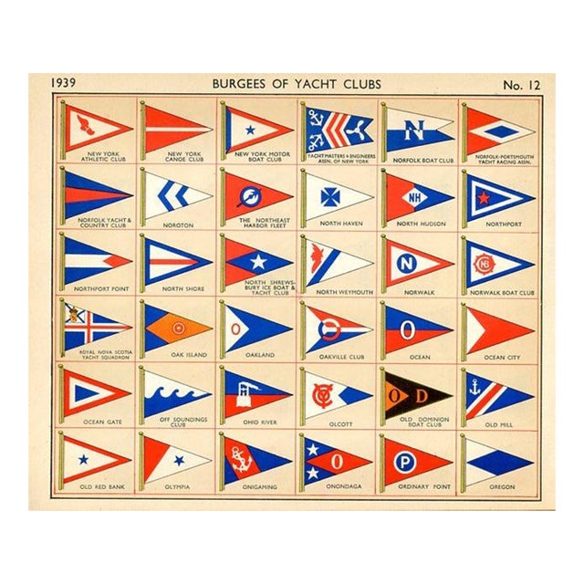 1939, Yacht Club Flags Including California and Virginia, Original Vintage Sailing Lithograph For Sale