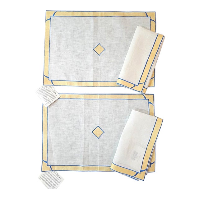 Vintage Lynn Chase Yellow & Blue Geometric Table Linens – Set of 4 – New With Tags For Sale