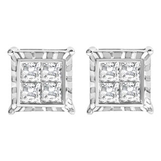 14K White Gold Princess-Cut Diamond Wavy Quad Stud Earrings, A Pair For Sale
