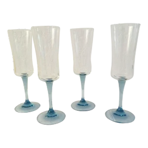 1980s French Powder Blue Stemmed Crystal Champagne Flutes, S/4