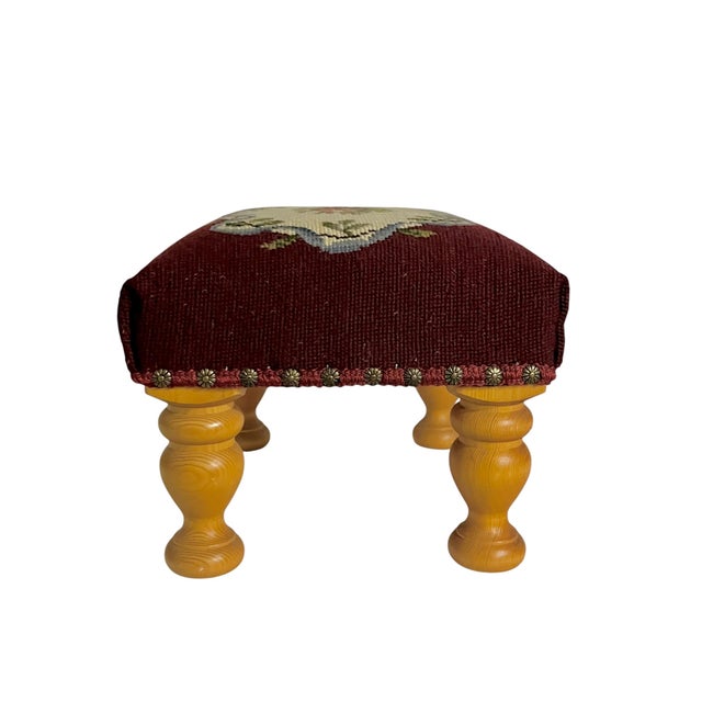 Ralph Lauren Vintage Burgundy Floral Needlepoint Footstool With Turned Pine Legs For Sale - Image 4 of 13