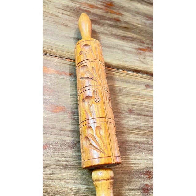 Folk Art Vintage Hand-Carved Wooden Springerle Rolling Pin For Sale - Image 3 of 5